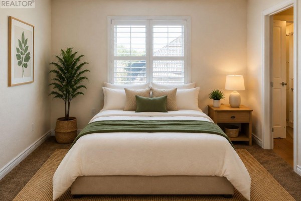 Bedroom with a queen-size bed, white shutters, a nightstand, and carpet flooring. - 32 Aspen Hills Road, Brampton