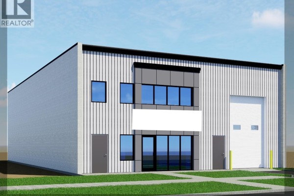 Rendering of a different angle of the industrial building with green landscaping. - 320 K Avenue S, Saskatoon