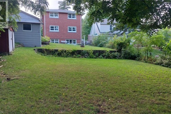 View of the backyard with grass, trees, and neighboring buildings - 322 Edwin Street Unit# 1, Kitchener
