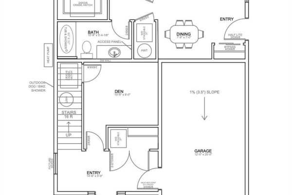 Floor plan showing den, bath, garage, and outdoor shower on the lower level. - 3229 Sutton Rd, Cumberland