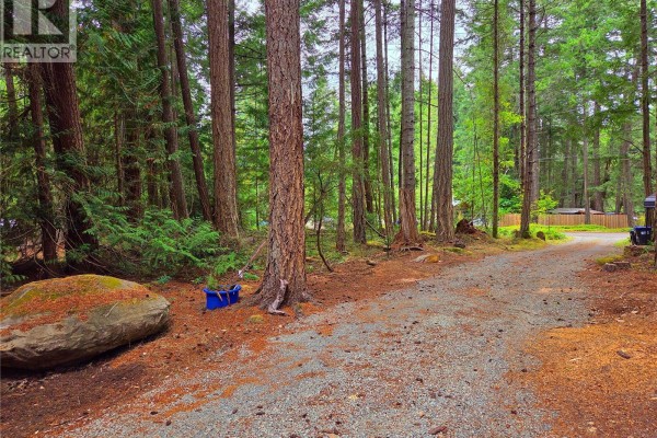 Gravel driveway with a large boulder on the left, leading past trees toward a distant fence and structures. - 323 Davis Rd, Gabriola Island
