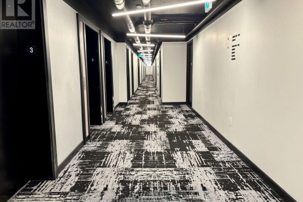 Long, dimly lit apartment building hallway with black doors and patterned carpet. - 325 - 1 Jarvis Street, Hamilton