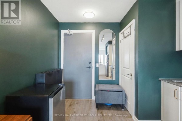 Apartment entryway with a dark green wall, grey front door, white door, and a mirrored archway. - 325 - 1010 Dundas St E Street, Whitby