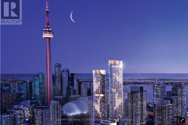Aerial view of Toronto skyline at dusk with CN Tower and Rogers Centre. - 326 - 3 Concord Cityplace Way, Toronto