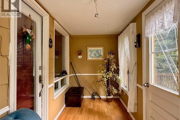 Sunroom with fishing rods, a decorative plant, and windows with white curtains. - 355 St Maure Road, Balmoral