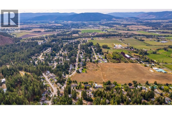 Aerial view of a neighborhood with houses, trees, and fields, mountains in the distance. - 3275 Upper Mcleod Road, Spallumcheen