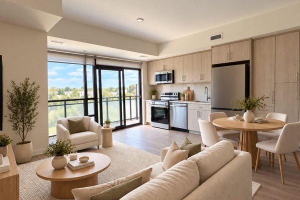 Living area and open-plan kitchen with light wood cabinets, stainless steel appliances, and balcony access. - 328 - 350 Prince Charles Drive S, Welland
