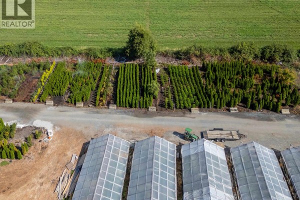 View from above of neat rows of evergreen nursery plants beside greenhouses. - 3280 No. 6 Road, Richmond