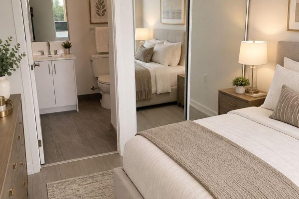 Bedroom corner with a dresser, mirrored closet doors reflecting the bed, and ensuite bathroom entrance. - 329 - 4010 Eglinton Avenue W, Toronto