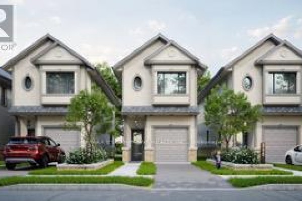 Rendering of three beige, two-story detached houses with garages and manicured lawns. - 329-335 Strathearne Avenue, Hamilton