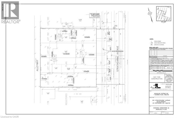 Site plan showing lot divisions, alleyway, and existing conditions and removals for 331 Strathearne Avenue. - 329-335 Strathearne Avenue, Hamilton