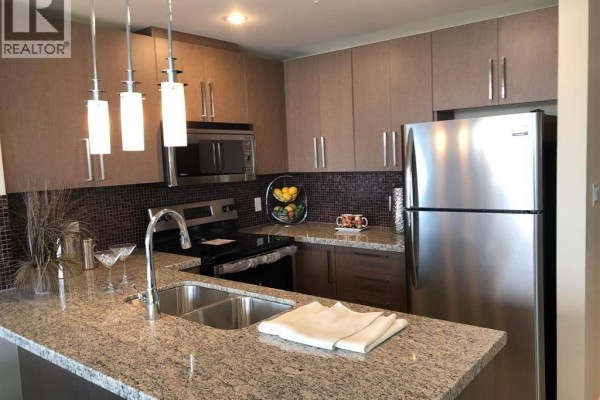 Compact kitchen with stainless steel appliances, granite countertops, and dark brown cabinetry. - 32xx 888 Carnarvon St, New Westminster