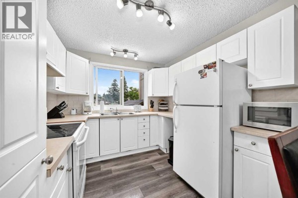 White kitchen with white cabinets, light countertops, and a window over the sink. - 33, 175 Manora Place, Calgary