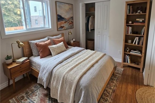 Bedroom with wooden bed frame, nightstand, closet, and bookshelf with artwork on wall. - 33 Cambridge Street Unit# D, Cambridge