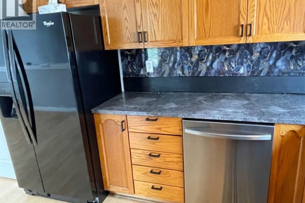 Kitchen with light wood cabinets, black refrigerator, stainless steel dishwasher, and dark countertops. - 33 Graham Road, Whitecourt