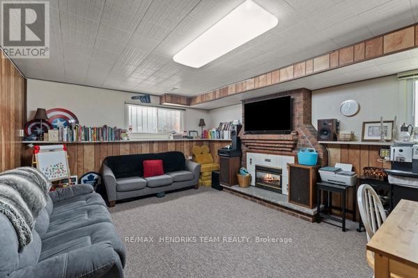 Finished basement living room with fireplace, TV, sofas, and bookshelf - 33 Meadowbrook Crescent St  Catharines