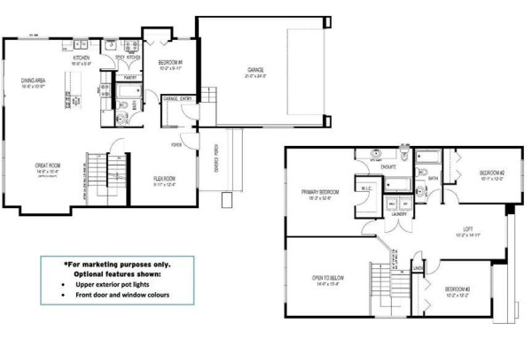 Floor plan of a two-story house showing main floor with great room and kitchen, and upper floor with bedrooms and loft. - 33 Spruce Cove, West St Paul