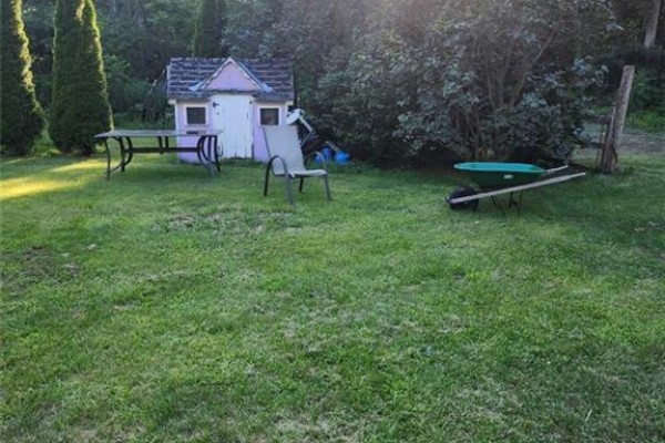Outdoor kitchen area with a barbecue, propane tank, picnic table, and seating on grass. - 330 13th Concession Road, Scotland