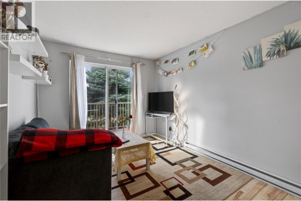 Bright living room with a dark sofa, patterned rug, and large window view. - 3304 35th Avenue Unit# 215, Vernon