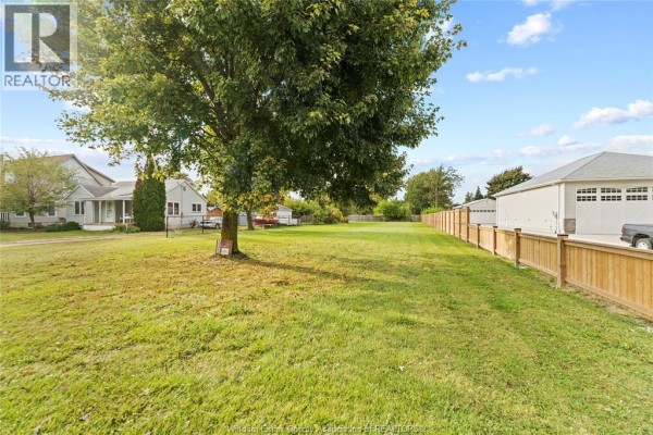 Sunny day view of a large, green, grassy lot with a mature tree and bordering homes and garages. - 333 Victoria Street, Essex