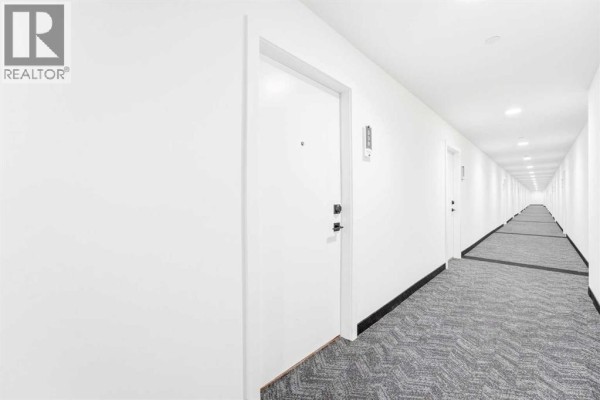 Long, brightly lit interior apartment hallway with grey patterned carpet and white doors. - 338, 110 18a Street Nw, Calgary