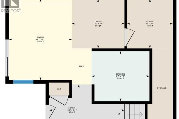 Main floor plan showing living, dining, kitchen, foyer, hall, utility, and storage rooms. - 34, 420 Grier Avenue Ne, Calgary