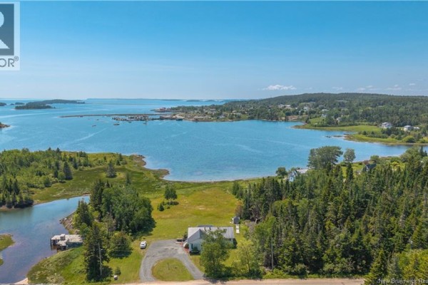 Aerial view of the coastal landscape at 34 Leavitt Head Road, Back Bay, featuring a house, trees, and a wide expanse of water. - 34 Leavitt Head Road, Back Bay