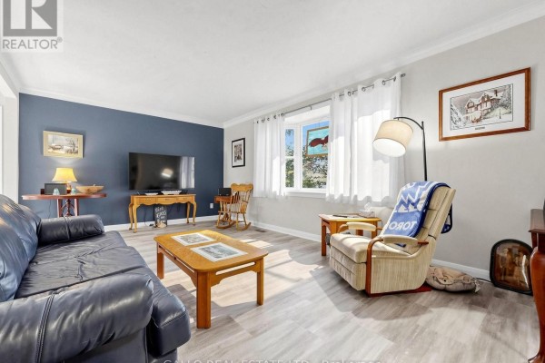 Living room featuring a large window with white curtains, a blue throw blanket, and wooden furniture. - 340 Boyer Street, Whitchurch Stouffville