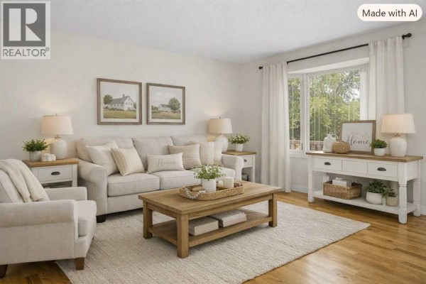 Living room with a bay window, light wood floors, and various chairs. - 3414 Morley Trail Nw, Calgary