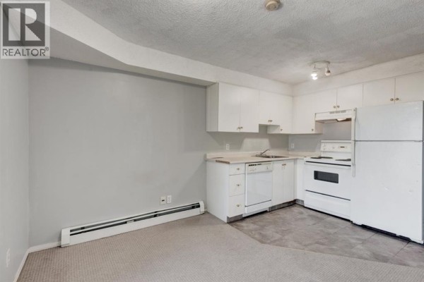 U-shaped white kitchen with white appliances, beige carpet, and grey walls. - 3415, 1620 70 Street Se, Calgary
