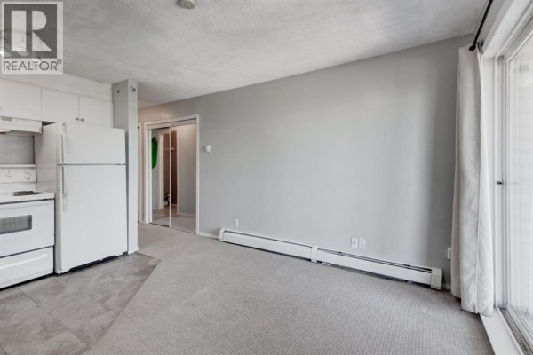 View of the kitchen and living area with carpet flooring and sliding glass door. - 3415, 1620 70 Street Se, Calgary