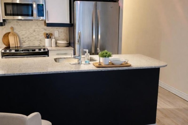 Close-up of a kitchen island with a sink, faucet, and granite countertop. - 342 - 38 Grand Magazine Street, Toronto