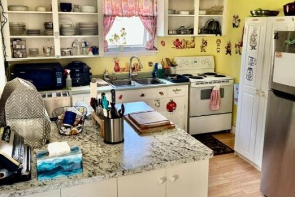 Kitchen with white cabinets, yellow walls, a white stove, stainless steel refrigerator, and granite countertops. - 342 Barton Street, Hamilton