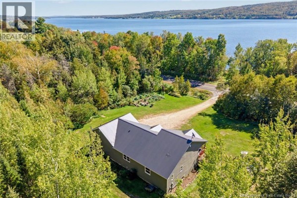 Aerial view of a green house with a dark metal roof, with surrounding trees and a wide blue lake under a clear sky. - 3442 Route 105, Bear Island