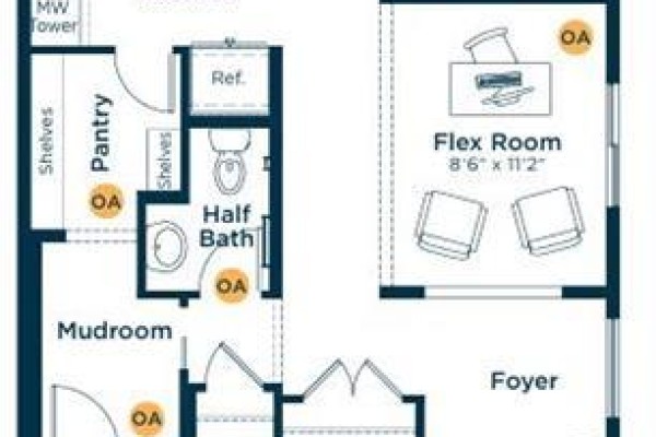 Floor plan of the main level showing a foyer, flex room, mudroom, half bath, pantry, and garage entrance. - 346 Magnolia Way Se, Calgary
