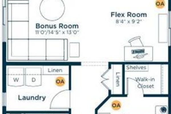 Floor plan of the upper level showing a bonus room, flex room, laundry room, linen closet, and walk-in closet. - 346 Magnolia Way Se, Calgary