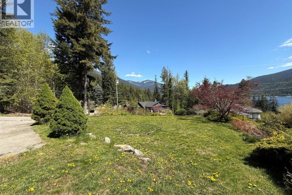 Grassy yard with trees and distant mountains, seen from a driveway. - 3461 Bodard Road, Nelson