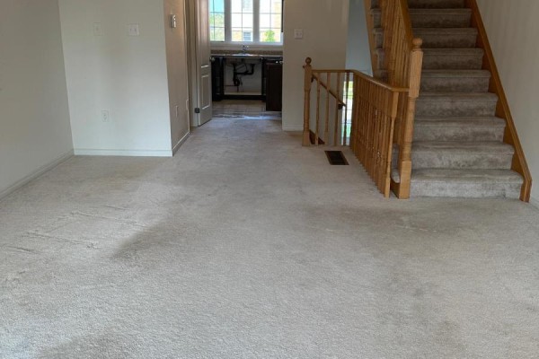Living room with light beige carpet and a wooden staircase to the right. - 347 - 2370 Chevron Prince Path W, Oshawa
