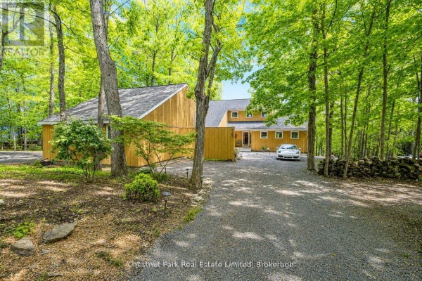 Exterior deck with outdoor furniture, dining table, and view of trees and railing. - 347 Prinyers Cove Crescent, Prince Edward County