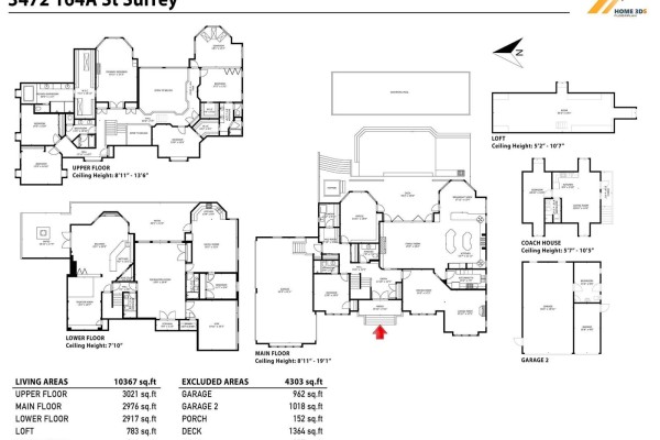 Floor plan and square footage breakdown of the house, including main floor, upper floor, lower floor, loft, and coach house. - 3472 164a Street, Surrey