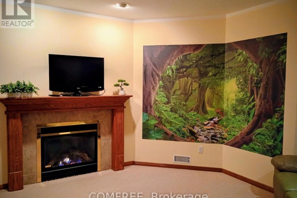 Living room with fireplace, TV, and jungle mural - 35 Tanya Drive Southwest Middlesex