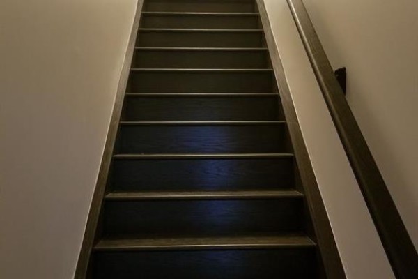 Interior view looking up a dark wooden staircase with a railing against a white wall. - 350 Fisher Mills Road Unit# A-11, Cambridge