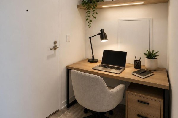 Compact home office with a wooden desk, laptop, chair, and plant. - 3515 - 238 Simcoe Street, Toronto