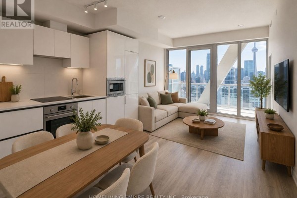 Open concept living and kitchen area with dining table and city view. - 3515 - 238 Simcoe Street, Toronto