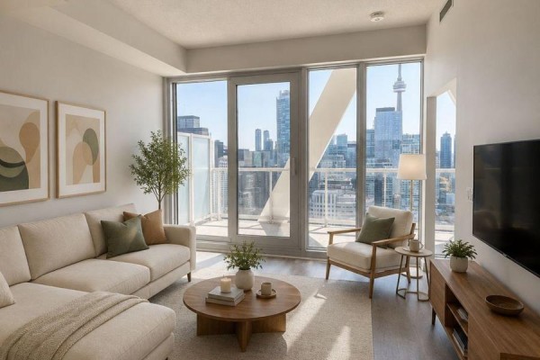 Living room with sectional sofa, coffee table, and large windows with city view. - 3515 - 238 Simcoe Street, Toronto