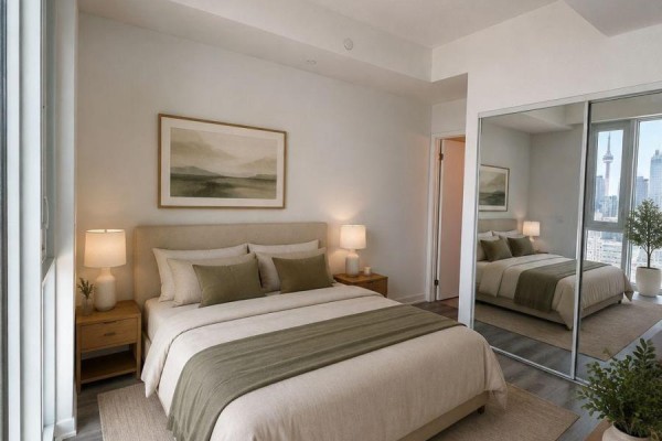 Bedroom with a bed, nightstands, and a mirrored closet door reflecting the city. - 3515 - 238 Simcoe Street, Toronto
