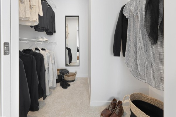 Walk-in closet with carpeted floor, wire shelving, and clothing organized by color. - 352 Stiles Wy, Leduc