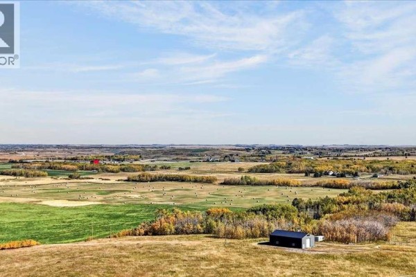 Overhead view of a large parcel of land with a dark barn and scattered trees. - 35254 Highway 1a, Rural Rocky View County