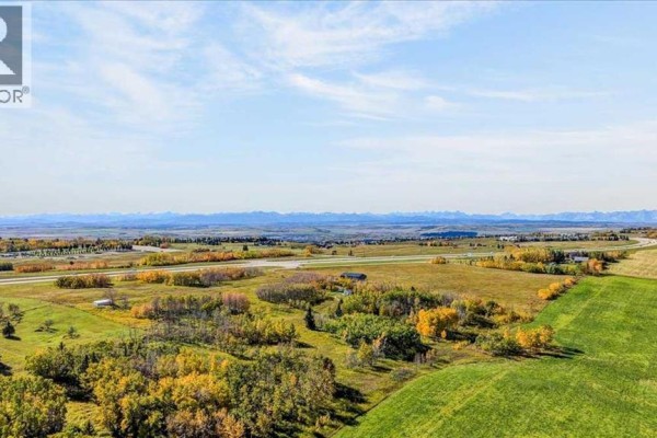 Panoramic view of rolling fields, trees, and distant mountains under a blue sky. - 35254 Highway 1a, Rural Rocky View County