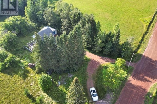 Aerial view of a white farmhouse surrounded by mature trees and green fields with a gravel driveway. - 353 Spring Creek Drive, Dorion